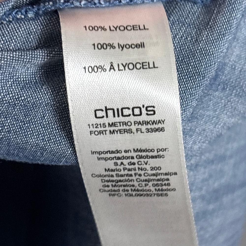 Chicos Top 3 XL 16 Relaxed Blue Chambray Roll Tab Lyocell Button Casual Classic - Picture 9 of 12